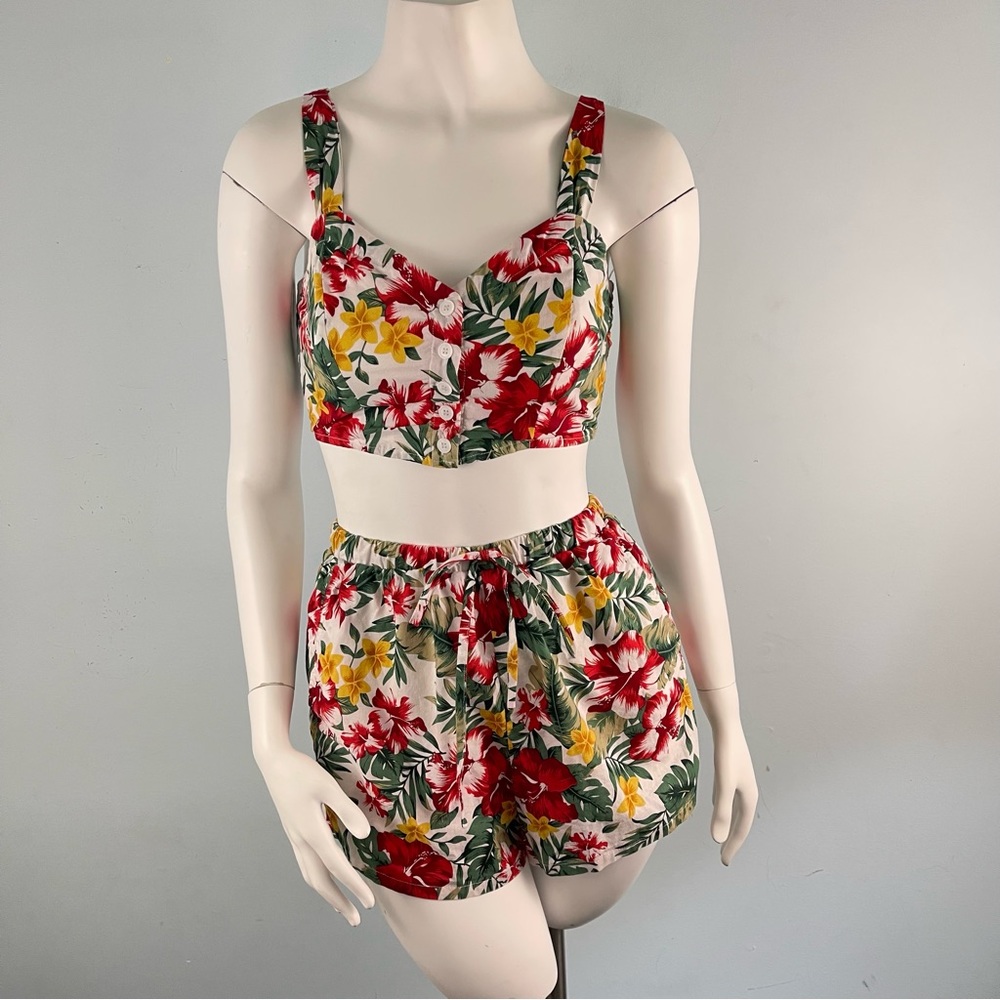 Lulus Luau Love White Tropical Print Two Piece Romper Shorts Crop Top Set XS